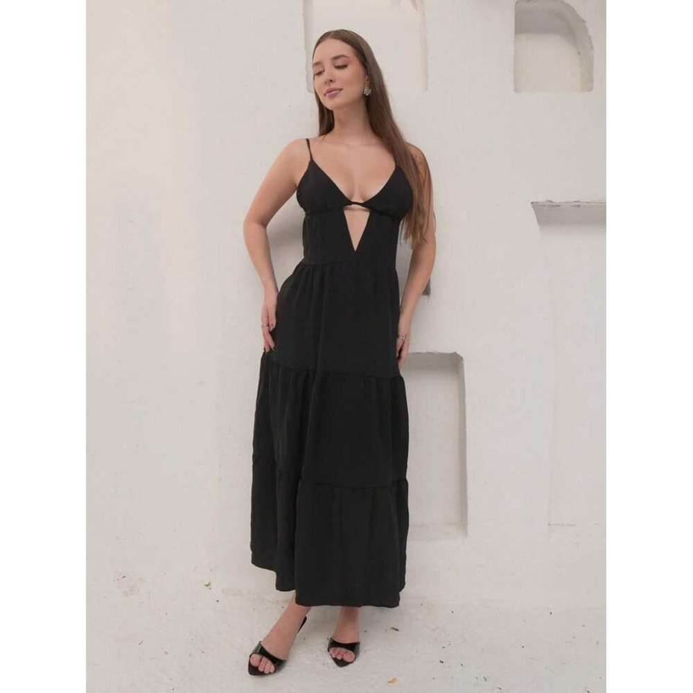 SHEIN Black Tiered Maxi Dress Deep V-Neck Cutout Summer Size M NEW